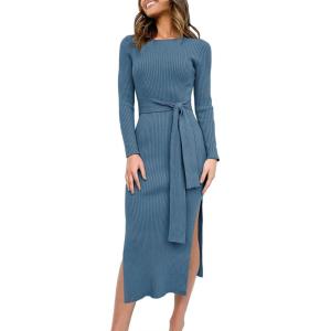 image:imageANRABESS Womens Long Sleeve Sweater Dress Crew Neck Slim Fit Slit Tie Waist 2025 Ribbed Knit Bodycon Midi Dress Fall OutfitsTeal