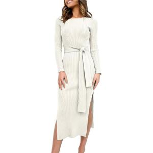 image:imageANRABESS Womens Long Sleeve Sweater Dress Crew Neck Slim Fit Slit Tie Waist 2025 Ribbed Knit Bodycon Midi Dress Fall OutfitsWhite