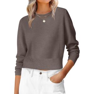 image:imageANRABESS Womens Long Sleeve Sweaters Cropped Crew Neck Business Casual Light Weight Sweater Tops Fall Fashion Clothes 2025Coffee