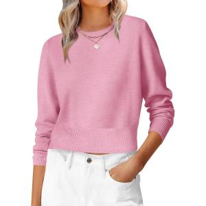 image:imageANRABESS Womens Long Sleeve Sweaters Cropped Crew Neck Business Casual Light Weight Sweater Tops Fall Fashion Clothes 2025Coral Pink