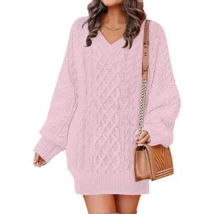 image:imageANRABESS Womens Long Sleeve V Neck Oversized Cable Knit Mini Sweater Dresses 2025 Winter Fall Trendy Pullover Tunic OutfitsPink