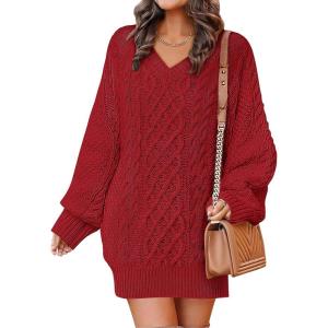 image:imageANRABESS Womens Long Sleeve V Neck Oversized Cable Knit Mini Sweater Dresses 2025 Winter Fall Trendy Pullover Tunic OutfitsRed