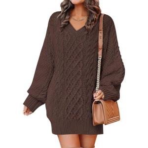 image:imageANRABESS Womens Long Sleeve V Neck Oversized Cable Knit Mini Sweater Dresses 2025 Winter Fall Trendy Pullover Tunic OutfitsRed Brown
