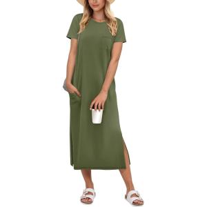 image:imageANRABESS Womens Midi DressSummer Long Tshirts DressesShort Sleeve Split StripeComfy Travel Beach Vacation Casual WearArmy Green