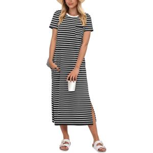 image:imageANRABESS Womens Midi DressSummer Long Tshirts DressesShort Sleeve Split StripeComfy Travel Beach Vacation Casual WearBlack White Stripe