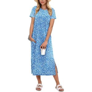 image:imageANRABESS Womens Midi DressSummer Long Tshirts DressesShort Sleeve Split StripeComfy Travel Beach Vacation Casual WearBlue White Floral