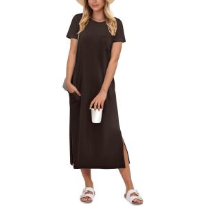 image:imageANRABESS Womens Midi DressSummer Long Tshirts DressesShort Sleeve Split StripeComfy Travel Beach Vacation Casual WearCoffee