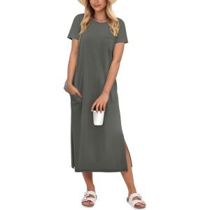 image:imageANRABESS Womens Midi DressSummer Long Tshirts DressesShort Sleeve Split StripeComfy Travel Beach Vacation Casual WearGray