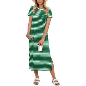 image:imageANRABESS Womens Midi DressSummer Long Tshirts DressesShort Sleeve Split StripeComfy Travel Beach Vacation Casual WearGreen White Stripe