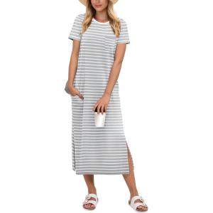 image:imageANRABESS Womens Midi DressSummer Long Tshirts DressesShort Sleeve Split StripeComfy Travel Beach Vacation Casual WearGrey White Stripe