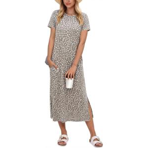 image:imageANRABESS Womens Midi DressSummer Long Tshirts DressesShort Sleeve Split StripeComfy Travel Beach Vacation Casual WearKhaki Polka Dot