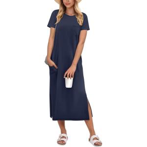 image:imageANRABESS Womens Midi DressSummer Long Tshirts DressesShort Sleeve Split StripeComfy Travel Beach Vacation Casual WearNavy Blue