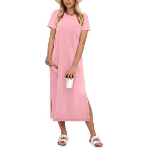 image:imageANRABESS Womens Midi DressSummer Long Tshirts DressesShort Sleeve Split StripeComfy Travel Beach Vacation Casual WearPink