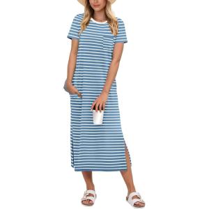 image:imageANRABESS Womens Midi DressSummer Long Tshirts DressesShort Sleeve Split StripeComfy Travel Beach Vacation Casual WearSky White Stripe