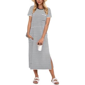 image:imageANRABESS Womens Midi DressSummer Long Tshirts DressesShort Sleeve Split StripeComfy Travel Beach Vacation Casual WearWhite Black Stripe