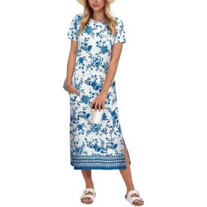 image:imageANRABESS Womens Midi DressSummer Long Tshirts DressesShort Sleeve Split StripeComfy Travel Beach Vacation Casual WearWhite Blue Floral