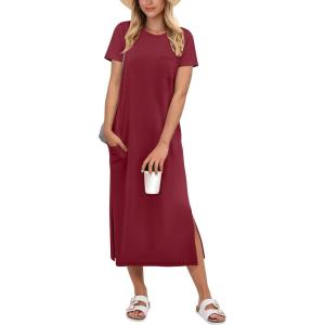 image:imageANRABESS Womens Midi DressSummer Long Tshirts DressesShort Sleeve Split StripeComfy Travel Beach Vacation Casual WearWine Red