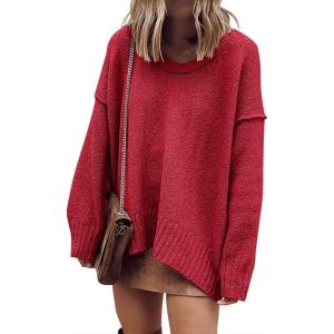 image:imageANRABESS Womens Oversized Casual Loose Slouchy Scoop V Neck Batwing Long Sleeve Knit 2025 Fall Pullover SweatersRed