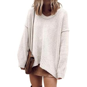 image:imageANRABESS Womens Oversized Casual Loose Slouchy Scoop V Neck Batwing Long Sleeve Knit 2025 Fall Pullover SweatersWhite