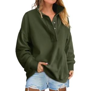 image:imageANRABESS Womens Oversized Sweatshirt Long Sleeve Henley Pullover Tops 2026 Spring Casual Button Loose Fit Teens OutfitsArmy Green