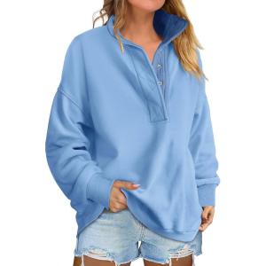 image:imageANRABESS Womens Oversized Sweatshirt Long Sleeve Henley Pullover Tops 2026 Spring Casual Button Loose Fit Teens OutfitsBright Blue