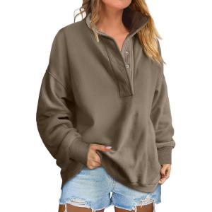 image:imageANRABESS Womens Oversized Sweatshirt Long Sleeve Henley Pullover Tops 2026 Spring Casual Button Loose Fit Teens OutfitsBrown