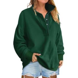 image:imageANRABESS Womens Oversized Sweatshirt Long Sleeve Henley Pullover Tops 2026 Spring Casual Button Loose Fit Teens OutfitsDeep Green
