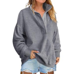 image:imageANRABESS Womens Oversized Sweatshirt Long Sleeve Henley Pullover Tops 2026 Spring Casual Button Loose Fit Teens OutfitsGrey