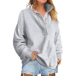 image:imageANRABESS Womens Oversized Sweatshirt Long Sleeve Henley Pullover Tops 2026 Spring Casual Button Loose Fit Teens OutfitsLight Grey