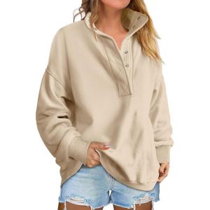 image:imageANRABESS Womens Oversized Sweatshirt Long Sleeve Henley Pullover Tops 2026 Spring Casual Button Loose Fit Teens OutfitsParchment