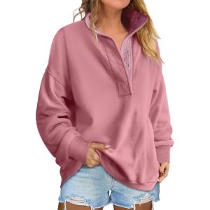 image:imageANRABESS Womens Oversized Sweatshirt Long Sleeve Henley Pullover Tops 2026 Spring Casual Button Loose Fit Teens OutfitsPink