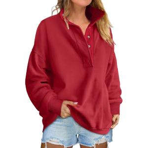 image:imageANRABESS Womens Oversized Sweatshirt Long Sleeve Henley Pullover Tops 2026 Spring Casual Button Loose Fit Teens OutfitsRed