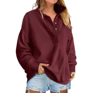image:imageANRABESS Womens Oversized Sweatshirt Long Sleeve Henley Pullover Tops 2026 Spring Casual Button Loose Fit Teens OutfitsWine Red