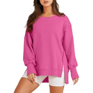 image:imageANRABESS Womens Oversized Sweatshirts Crew Neck Long Sleeve Shirts Casual Loose Slit 2025 Fall Outfits Y2K Teen Girls ClothesHot Pink