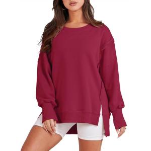 image:imageANRABESS Womens Oversized Sweatshirts Crew Neck Long Sleeve Shirts Casual Loose Slit 2025 Fall Outfits Y2K Teen Girls ClothesRed
