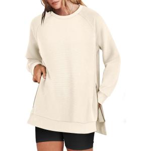 image:imageANRABESS Womens Oversized Sweatshirts Crewneck Long Sleeve Tunic Pullover Shirts Side Zipper Hoodies 2026 Spring ClothesApricot