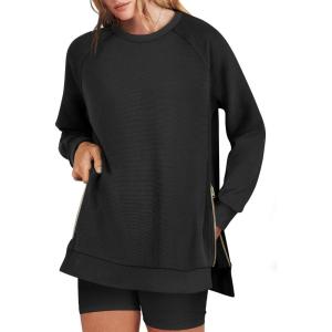 image:imageANRABESS Womens Oversized Sweatshirts Crewneck Long Sleeve Tunic Pullover Shirts Side Zipper Hoodies 2026 Spring ClothesBlack
