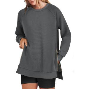 image:imageANRABESS Womens Oversized Sweatshirts Crewneck Long Sleeve Tunic Pullover Shirts Side Zipper Hoodies 2026 Spring ClothesDark Grey
