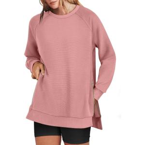 image:imageANRABESS Womens Oversized Sweatshirts Crewneck Long Sleeve Tunic Pullover Shirts Side Zipper Hoodies 2026 Spring ClothesDark Pink