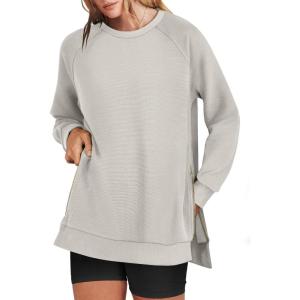 image:imageANRABESS Womens Oversized Sweatshirts Crewneck Long Sleeve Tunic Pullover Shirts Side Zipper Hoodies 2026 Spring ClothesGrey Apricot