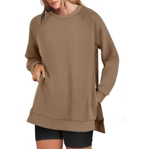 image:imageANRABESS Womens Oversized Sweatshirts Crewneck Long Sleeve Tunic Pullover Shirts Side Zipper Hoodies 2026 Spring ClothesKhaki