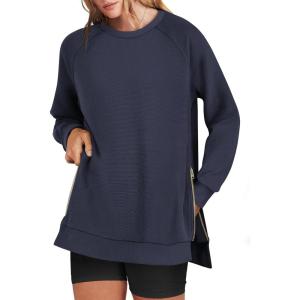 image:imageANRABESS Womens Oversized Sweatshirts Crewneck Long Sleeve Tunic Pullover Shirts Side Zipper Hoodies 2026 Spring ClothesNavy Blue
