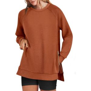 image:imageANRABESS Womens Oversized Sweatshirts Crewneck Long Sleeve Tunic Pullover Shirts Side Zipper Hoodies 2026 Spring ClothesRust