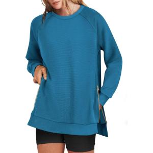 image:imageANRABESS Womens Oversized Sweatshirts Crewneck Long Sleeve Tunic Pullover Shirts Side Zipper Hoodies 2026 Spring ClothesSteel Blue
