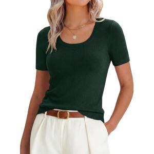 image:imageANRABESS Womens Short Sleeve Sweaters Summer Scoop Neck Casual Basic Shirts Knit Pullover Work Tops 2026 Spring OutfitsDrak Green