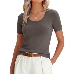 image:imageANRABESS Womens Short Sleeve Sweaters Summer Scoop Neck Casual Basic Shirts Knit Pullover Work Tops 2026 Spring OutfitsDrak Taupe