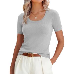 image:imageANRABESS Womens Short Sleeve Sweaters Summer Scoop Neck Casual Basic Shirts Knit Pullover Work Tops 2026 Spring OutfitsLight Grey