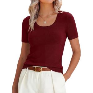 image:imageANRABESS Womens Short Sleeve Sweaters Summer Scoop Neck Casual Basic Shirts Knit Pullover Work Tops 2026 Spring OutfitsWine Red