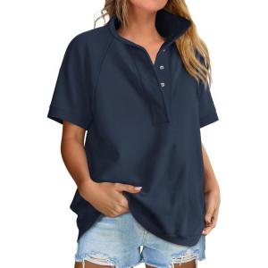 image:imageANRABESS Womens Short Sleeve Tops Oversized Lightweight Sweatshirt Polo Shirts 2026 Summer Casual Button Pullover Top OutfitsBlue
