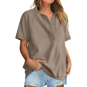 image:imageANRABESS Womens Short Sleeve Tops Oversized Lightweight Sweatshirt Polo Shirts 2026 Summer Casual Button Pullover Top OutfitsKhaki
